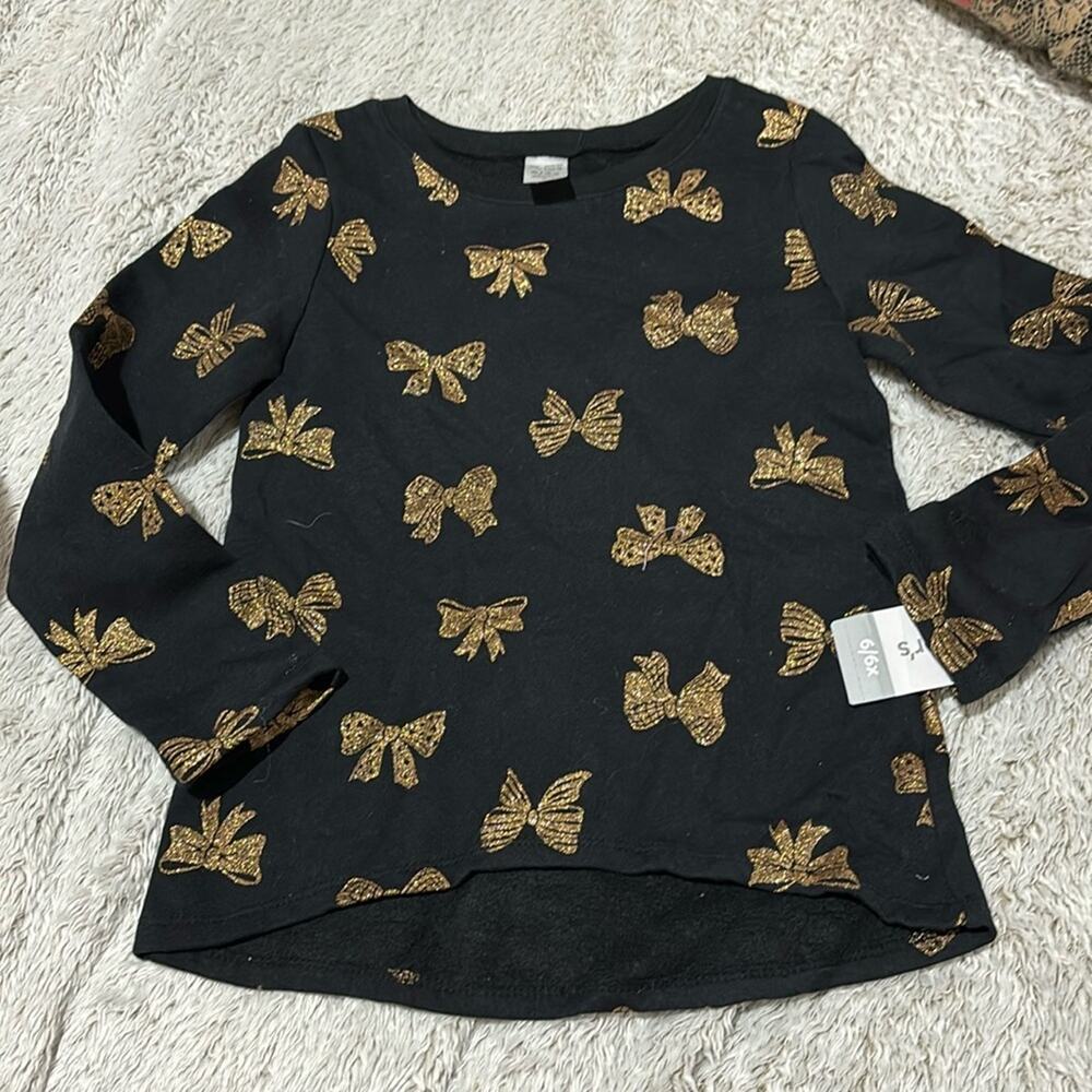Carter’s 6 black grey gold bow sweatshirt hi low hemline nwt fleece line perfect